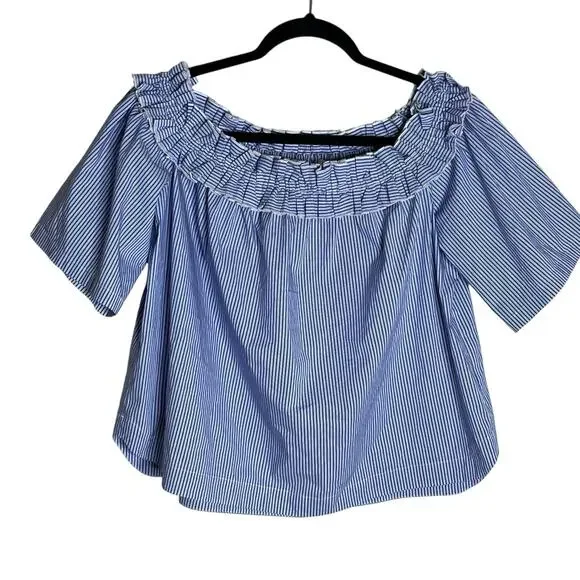 Vineyard Vines Off Shoulder Top XL Blue White Striped Cropped Cotton Stretch - Picture 1 of 8